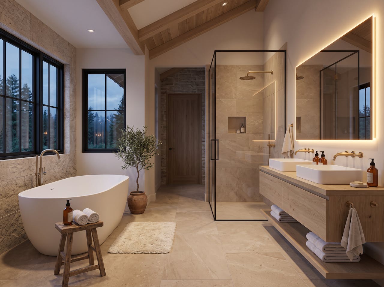 Concept render of a spa-like bathroom with freestanding tub and stone tile